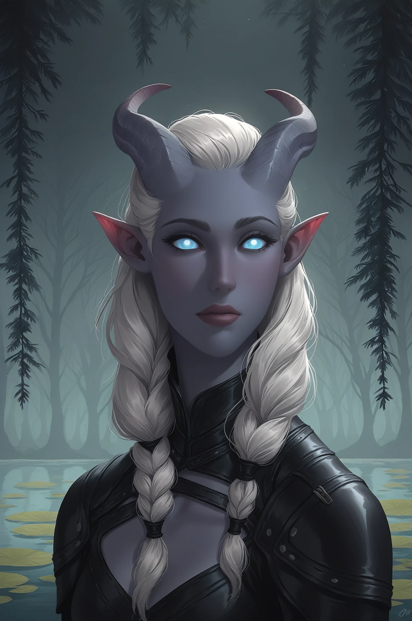  dark forest, trees, reflections in lake water , Night ((1Tiefling  , dark-blue-grey leather,  expressive face  ,  curious   ( grey irises , black and blue eyes ),  blue and white pupils on the shore ) , (27 years old) , ( small thick dark gray segmented straight horns  ,  girl , [stands at half a turn], looking over shoulder,  dark grey hair,  small nose , small horns, small lips, ((dark blue leather )), (long thick dragon armoured blue and grey Tiefling tail with tassel), (presses his tail against his body with his hand ), (easy ,  grey full-body leather armor, Blue lining, under ,  gray leather armor ), dark grey pants), One,  full length, Against the background of a dark forest, stands in the water of a lake with clear water, blue tones (bow in hand) (distance view . stands at half a turn, The camera is tilted  ,  Bottom view,  near the ground ) )  Epic digital fantasy art style ,  epic fantasy style ,  extremely detailed artgerm , (Fantasy 4k art), anime art,  fine art .