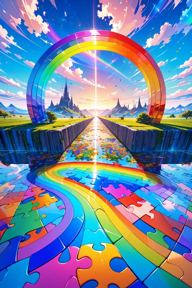 Science fiction, abstract, surreal, bridge with rainbow color, salvation, puzzle, puzzle pieces,colorful, front view, perspective,3d, deph of field,masterpiece, best quality, amazing quality, very aesthetic, absurdres, newest, scenery,