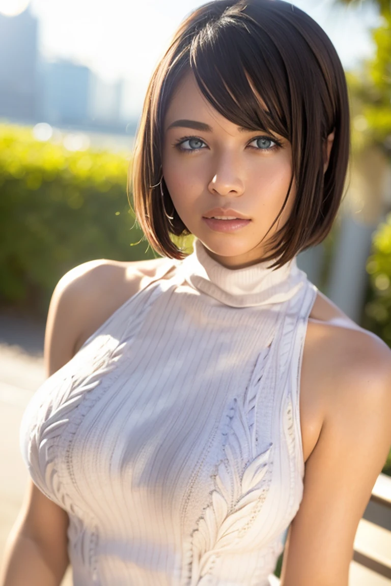 (highest quality, Tabletop, Anatomically correct, Super detailed, 16k))), ((Photorealistic, Canon, debt/1.2, 135mm, (((Burstingly large long  Breasts))),Light on the face:1.5,Japanese Gravure, Pretty woman with short bob cut hair that falls over her ears)), ,((Tight abdomen))、Beautiful double eyelids, Beautiful, shining lips, Well-proportioned, feminine and attractive body, (Virgin Killer Sweater:1.3),((white Turtleneck Sleeveless Dress、Tank tops that expose the chest from the side,debt cup bust peeking out from wide open cuffs)), Light brown hair, (First Person View, date, On the street、Laughter), Show your armpits, Sexy armpits、debtull open armpits