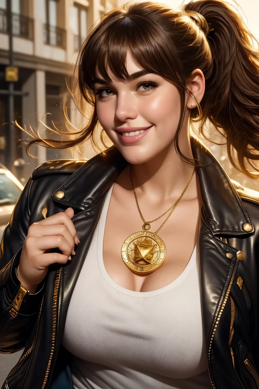absurd quality. natural lighting . hyperrealism . fantastic illustration in comic book style . A plus-size girl , brown hair with bangs and ponytail , , funny smile, fly away , Wear a leather jacket with gold stars on the shoulders over a white t-shirt. Wear a gold medallion with zodiac symbols around your neck . huge natural breasts . near the face. close-up. LUMINOUS GOLDEN HALO , superpowers. lush. carefree. With attitude . seductive.