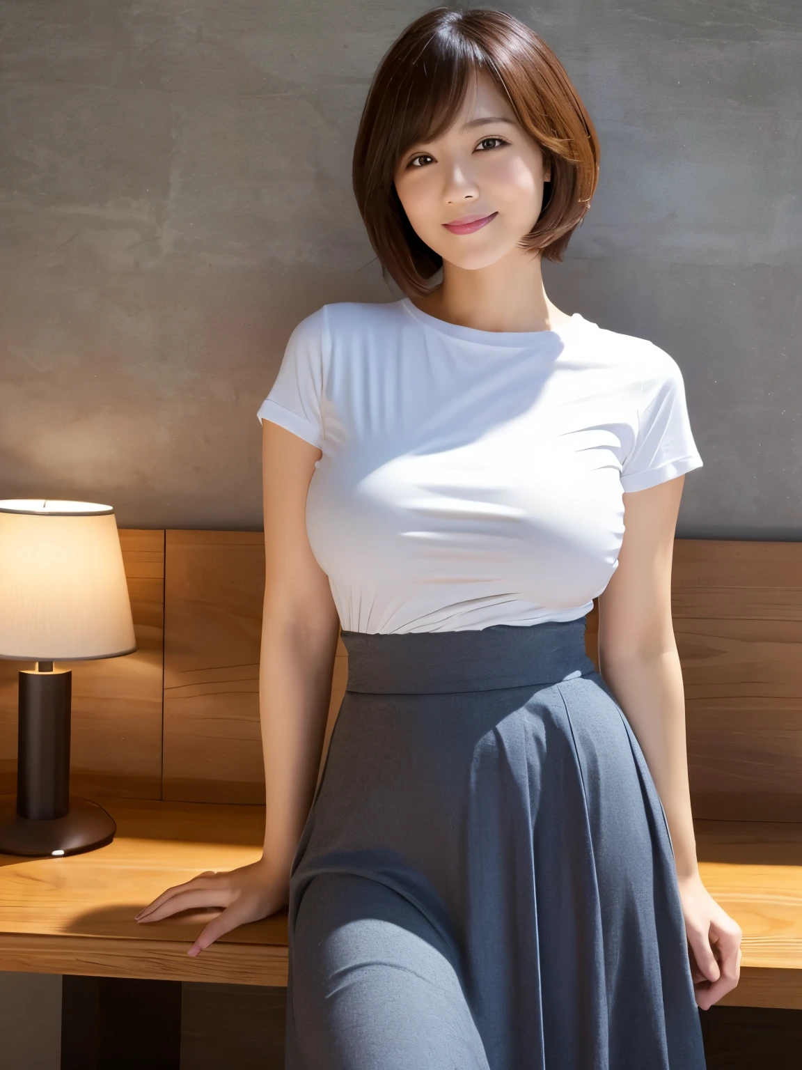 ((masterpiece))、((  best quality))、reality、 Very detailed、40-year-old woman、 beautiful expression 、 shorthair、 realistic backgrounds and accessories、 soft boobs、 sexy smile 、 office、Stand facing the front in front of a shaded wall、A long loose skirt that lets in the bright sun 、The soft fabric t-shirt accentuates her heavy saggy breasts、 loose long skirt 、((Indirect lighting only))、 deep shadow 、Wide angle、natural bust 、whole body、