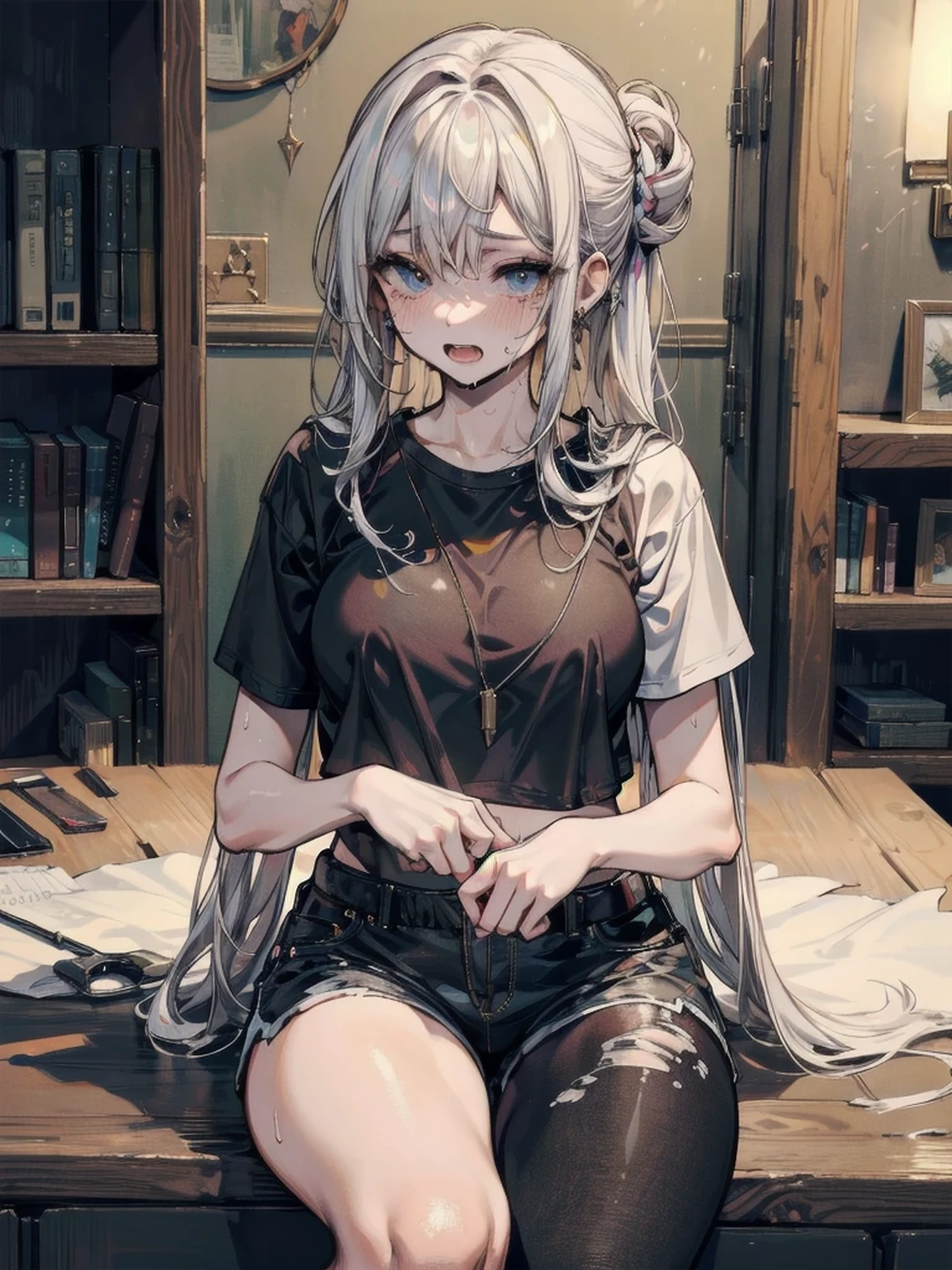 BREAK, (White braid hair), (Round glasses), (Visual kei, V series:1.0), (Black (extra large baggy:1.2) long Sleeve T-Shirt:1.2) with  the (Tattered long sleeves), (tucked:1.4), (T-shirt with skull and kanji printed on it:1.2), BREAK, (Black knee-high: 1.5), (oversized baggy boots:1.2), (Black checked mini skirt:1.5), (many silver accessories, Necklaces:1.2),