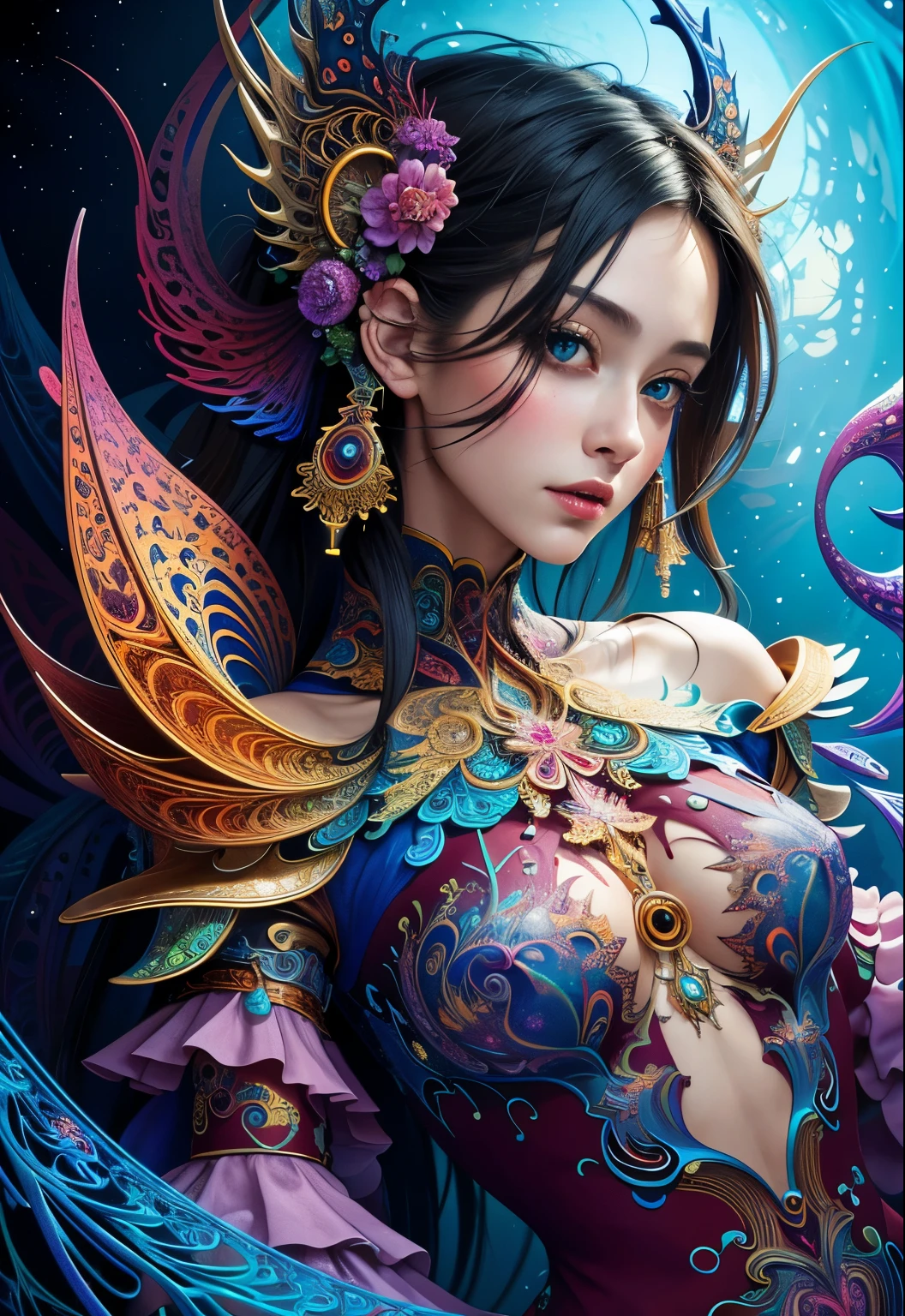 a colorful butterfly, intricate clockwork, glowing spider web, night light, 1girl, beautiful detailed eyes, beautiful detailed lips, extremely detailed face and eyes, long eyelashes, elegant dress, portrait, fantasy, vibrant colors, cinematic lighting, dramatic shadows, award winning digital art, masterpiece, ultra-detailed, 8k, photorealistic