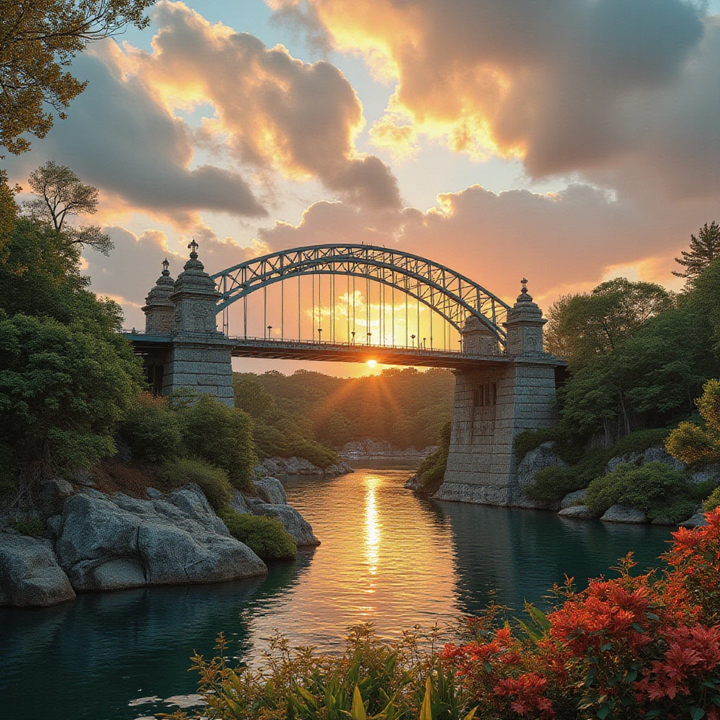 a breathtaking view of the Rainbow Bridge, a famous landmark in Japan, surrounded by lush greenery, crystal clear waters, and a stunning sky with vibrant rainbow colors, highly detailed, 8k, photorealistic, masterpiece, dramatic lighting, golden hour, serene atmosphere, intricate architectural details, ornate design, arched bridge, dynamic composition, stunning reflections, colorful foliage, tranquil pond, picturesque landscape, awe-inspiring scenery, pristine environment, beautiful natural setting, vibrant hues, picturesque composition