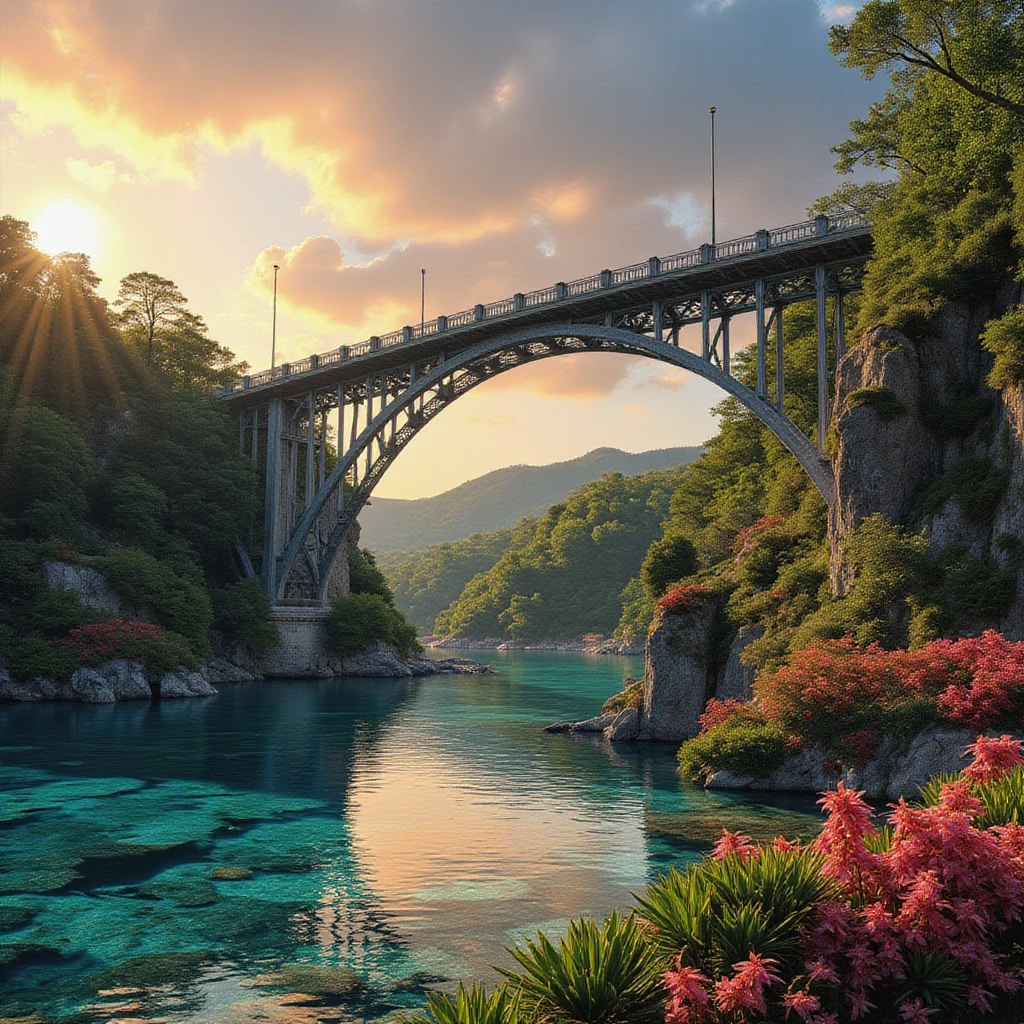 a breathtaking view of the Rainbow Bridge, a famous landmark in Japan, surrounded by lush greenery, crystal clear waters, and a stunning sky with vibrant rainbow colors, highly detailed, 8k, photorealistic, masterpiece, dramatic lighting, golden hour, serene atmosphere, intricate architectural details, ornate design, arched bridge, dynamic composition, stunning reflections, colorful foliage, tranquil pond, picturesque landscape, awe-inspiring scenery, pristine environment, beautiful natural setting, vibrant hues, picturesque composition