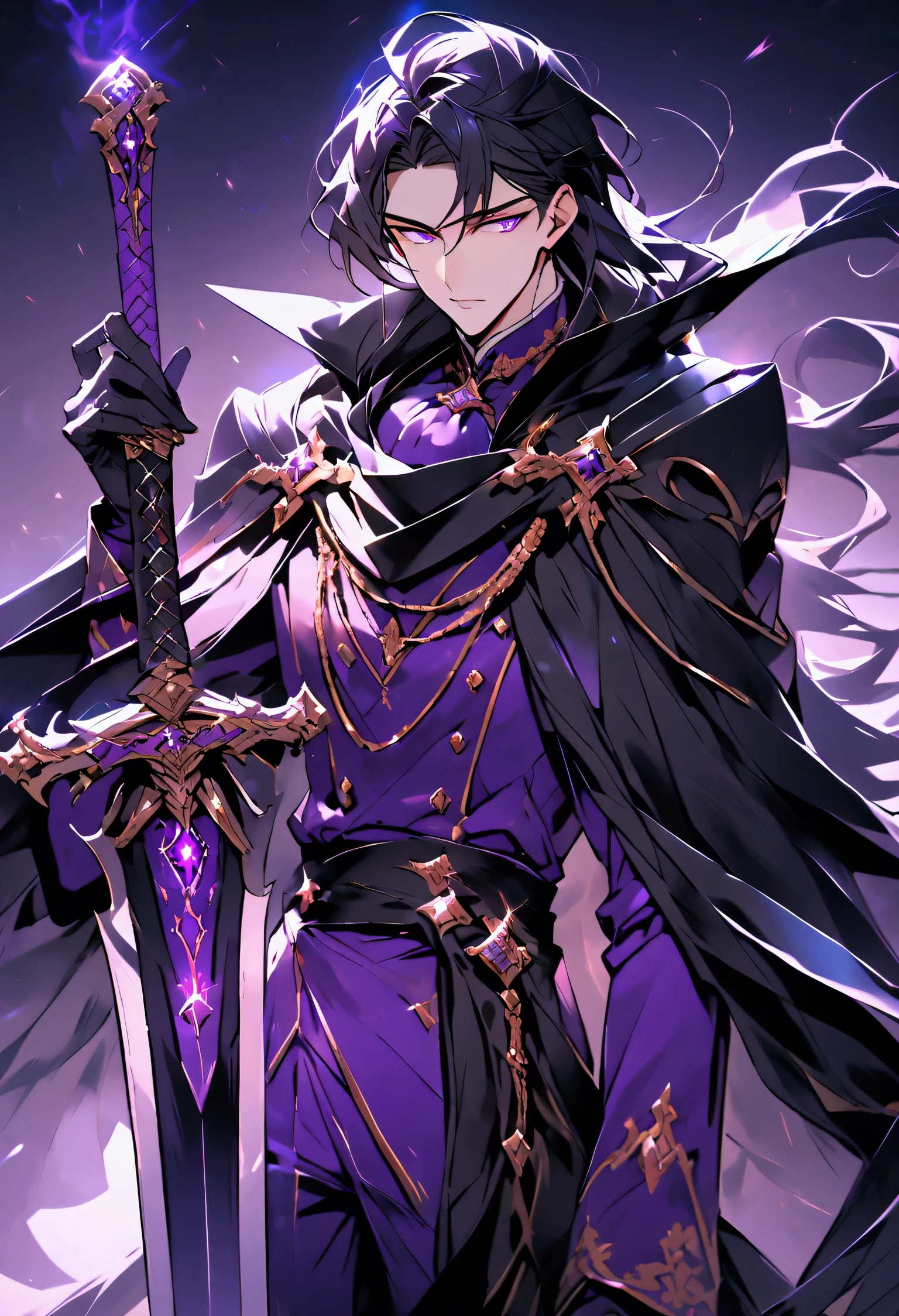 Beautiful young man with black hair, , violet eyes, Shiny long hair that reaches down to the waist,He wears a violet uniform and a black cape..Holding a violet long dark sword.