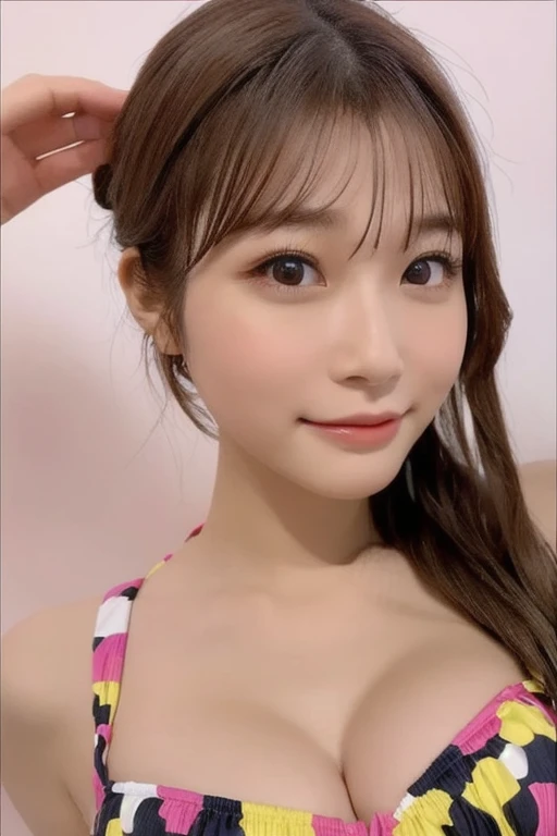 Navel:2、Colorful patterned bikini:2、 Beautiful Boobs :2、 boob emphasis:2、 Model Pose :2、whole body:2、  Japanese、  College Student 、 1 woman、Big Eyes、 double eyelid、 Thick lips、 beautiful face、shame:2、 middle of chest:1.5、 Chest emphasis  :2、belly button:2、(masterpiece、 best quality、 professional lighting、  colorful background :2、   anatomically accurate,  Ultra-fine,   Very detailed ,    Textured Skin , ):2、 turning your gaze ,  smiles, whole body:3、Look ahead:3