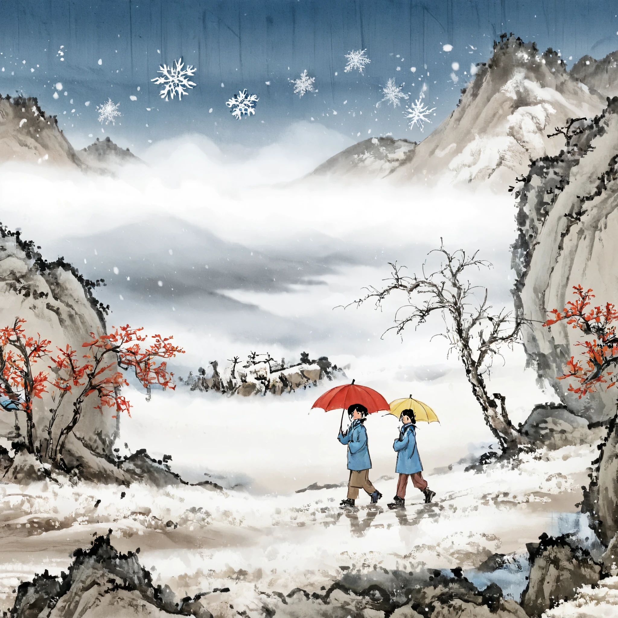 surrealist art Chinese painting,Ink Painting，ink wash painting，ink water， idyllic winter scenery in northern China ，Snowflakes are falling， Two people walking on a country road with umbrellas，red umbrella ， blue umbrella， No snow on the ground，No snow on the mountains ， traditional Chinese brushwork ， official art ，羊皮纸水彩Ink Painting，Minimalism，Beige gray ，Rice paper texture， Very high resolution details,photographic, Extremely Realistic ,Fine texture, Incredibly realistic 