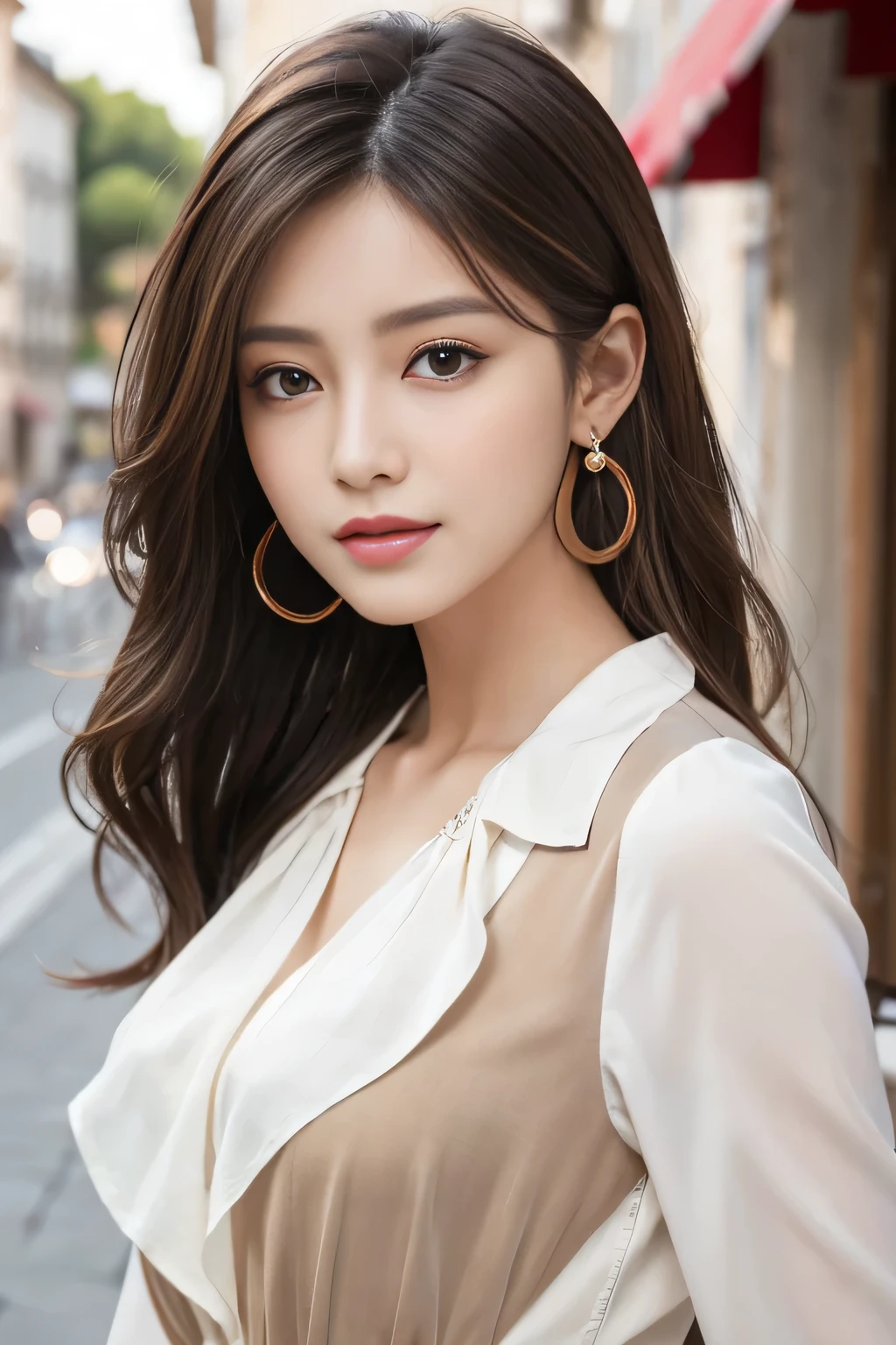masterpiece, Highest quality, Realistic, Very detailed, Finer details, High resolution, 8k wallpaper, One beautiful woman, Wear a white see-through shirt, In a great restaurant, At night, Light brown messy hair, Perfect dynamic composition, Beautiful and beautiful eyes、Big earrings、