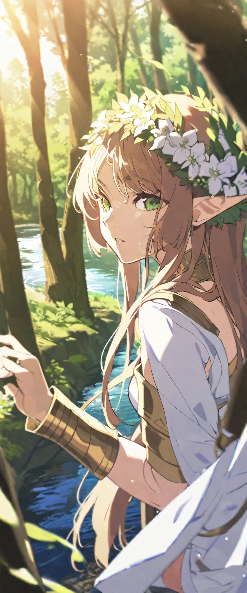 A  ， brown super long hair ， green eyes，Elf ears， ancient Greek white robe，gold armband ，wreath，river，forest， sunshine，Light Particles