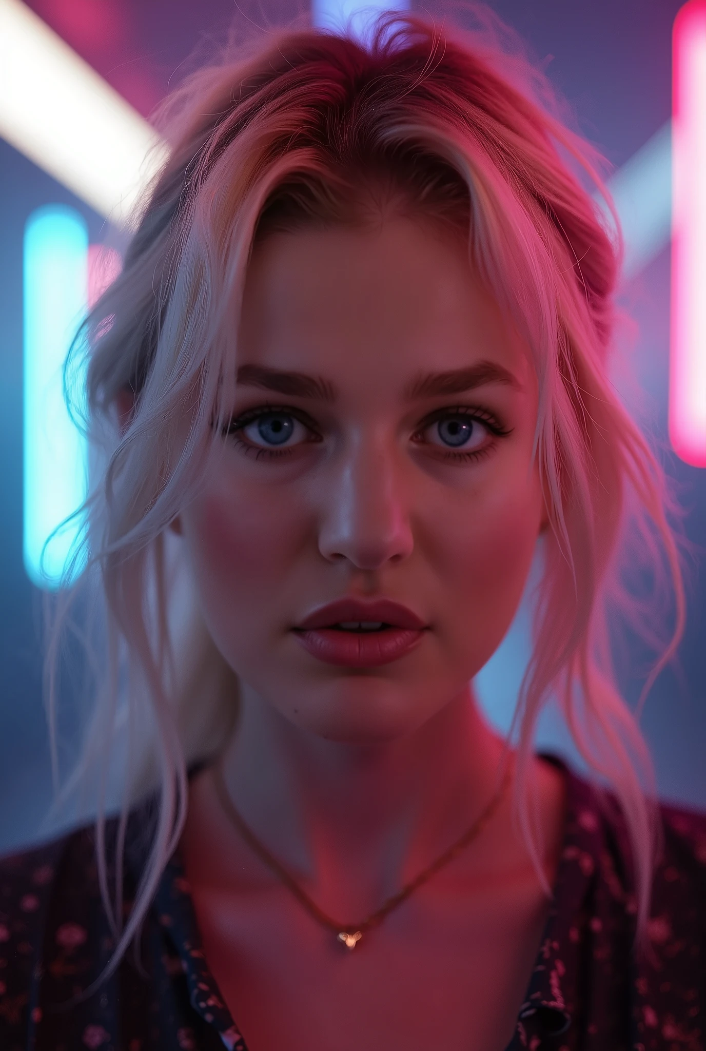 (ultra realistic),Photo, lyrics, аналоговая Photoграфия , ( in low light ), (neon atmosphere) light background , portrait, a girl, , blonde,(chölka) , seen from above, detailed eyes, ( full coat)
