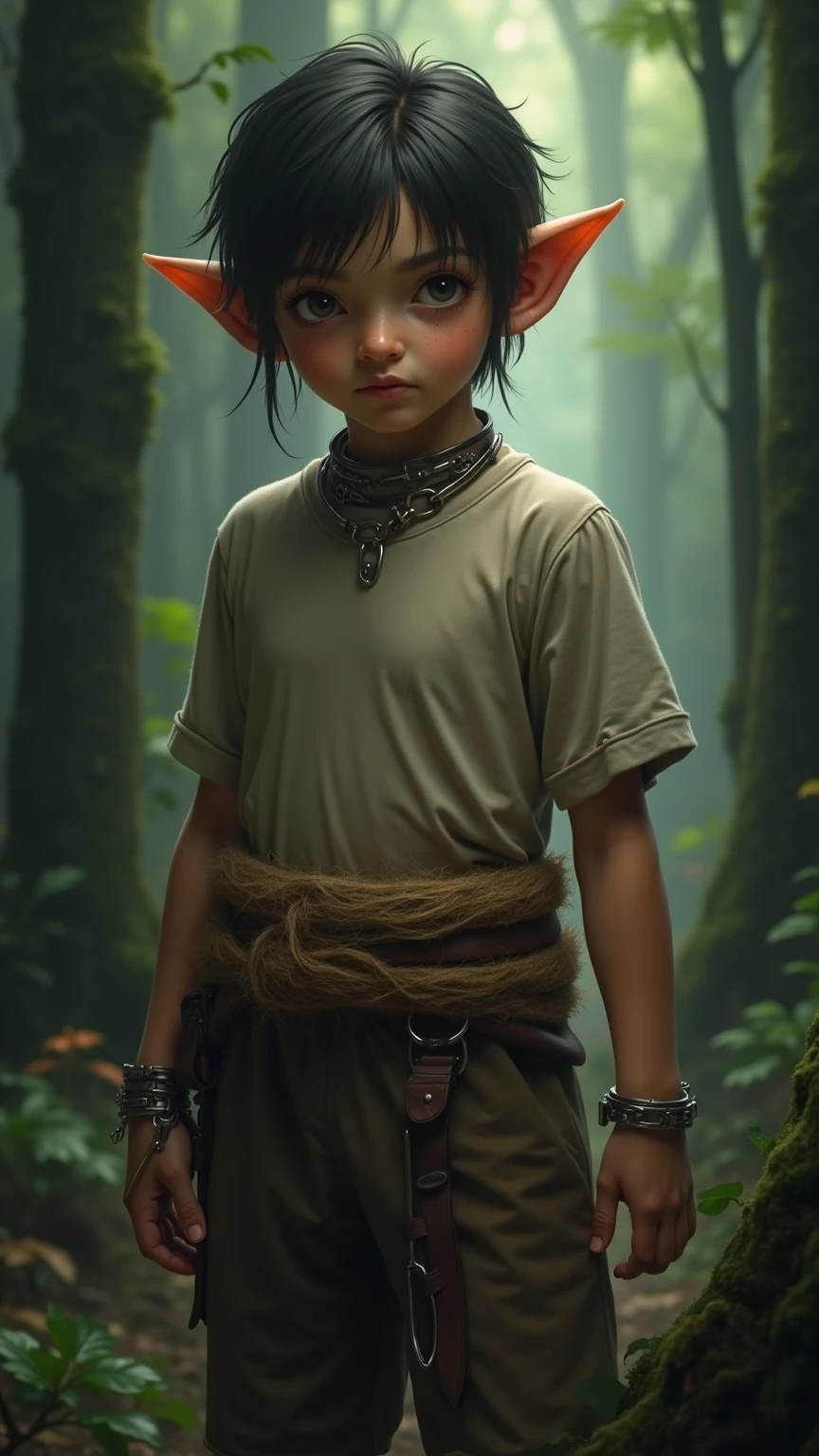 Portrait photo of a beautiful, neutral elf boy. He has a kind face with ...