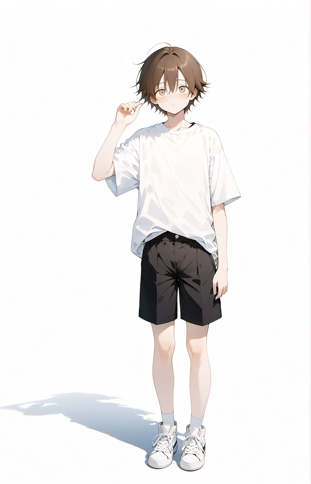 Droopy eyes、masterpiece、Bestquality,Brown hair medium、Black shorts、 white sneakers、 plain white t-shirt without logo、15 O 、Junior high school students、 boys