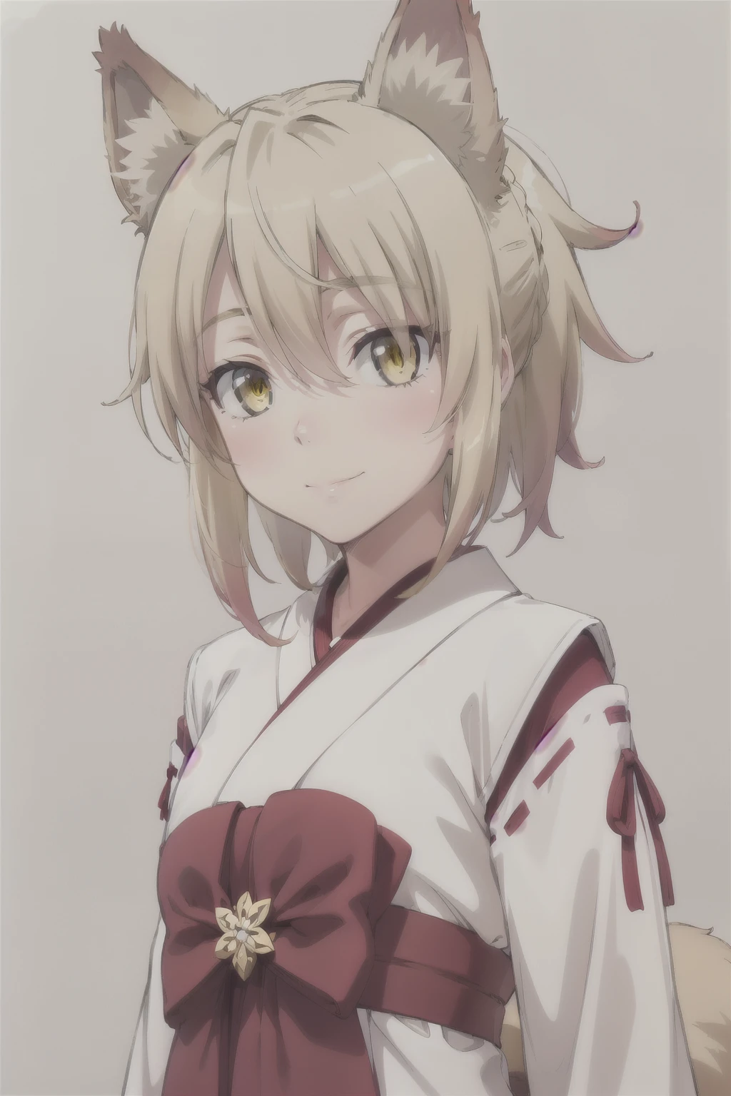  masterpiece ,  Best Quality , 1 girl, feel, blonde hair,  short hair, collect,  yellow eyes,  Fox ears ,   Japanese clothing , red as well, Monkey, Mirando al espectador,  upper body, smile, Alone, ( simple background , solid gray background )  