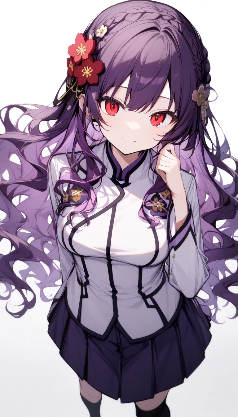 {{masterpiece}}、((White background,eye level shot、full body))、very detailed hands、 Attention to Details 、(( 1 girl))、 slender、 medium breasts、{ solo full body shot}、 Viewers' Perspective 、(smile)、((dark purple long hair 、wavy hair、Crown braid、Plum blossom hair ornament、Red eyes:1.3))、｛school uniform,White color  blazer、 red tie }、black color thigh-high socks、hand in own hair、 standing