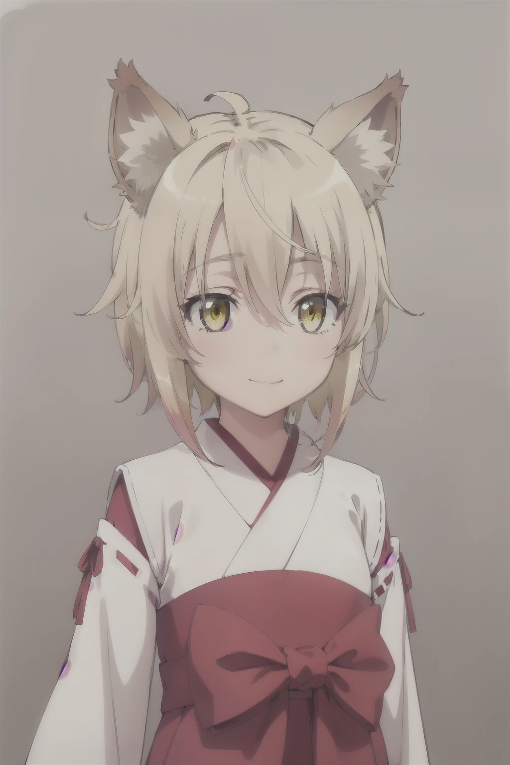  masterpiece ,  Best Quality , 1 girl, feel, blonde hair,  short hair, collect,  yellow eyes,  Fox ears ,   Japanese clothing , red as well, Monkey, Mirando al espectador,  upper body, smile, Alone, ( simple background , solid gray background )  