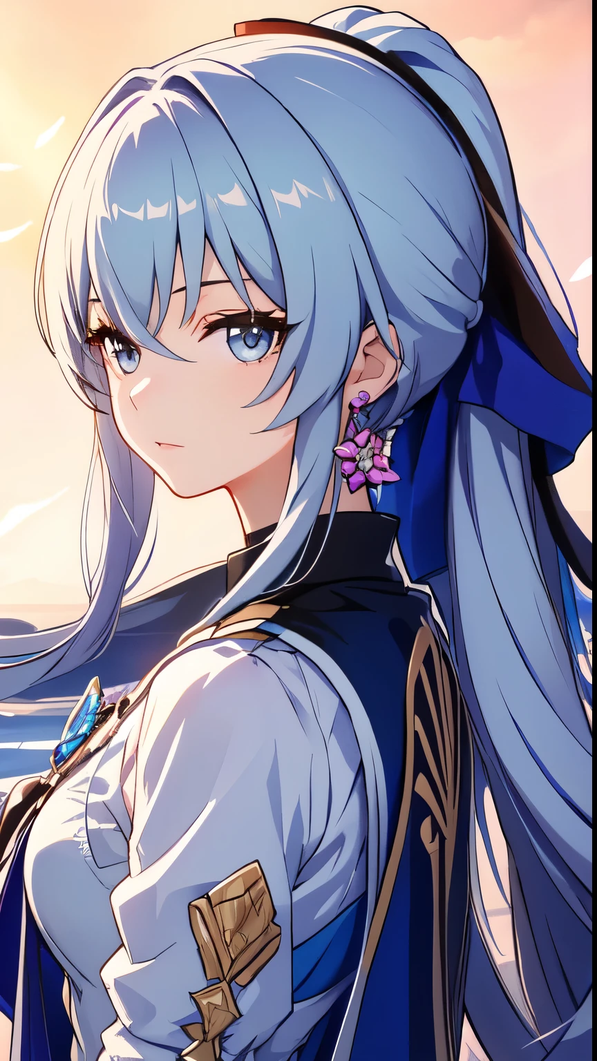 (masterpiece), (best quality), (ultra detailed),(disheveled hair),(illustration), (1girl), (Fashionable clothing), standing, Fashion model, looking at viewer, (interview), (simple background),beautiful detailed eyes, delicate beautiful face, Floating,(high saturation),(colorful splashes),colorful bubble,(shining), focus on face, ponytail, kamisato ayaka, light blue hair, bangs, hair ring, floating flowers, floating hairs, (shining), best lighting, best shadow, bronya