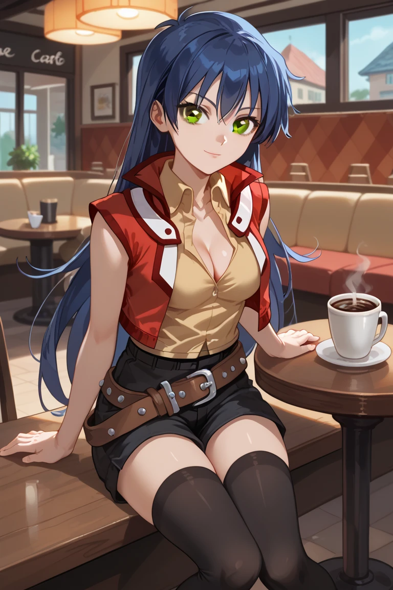 Saotome Rei, anime screencap,
aarei, long hair, blue hair, brown eyes, collared shirt, yellow shirt, red jacket, sleeveless, belt, black shorts, black thighhighs, medium breasts,  cleavage,   cafe, sitting, table, coffee, flirting,