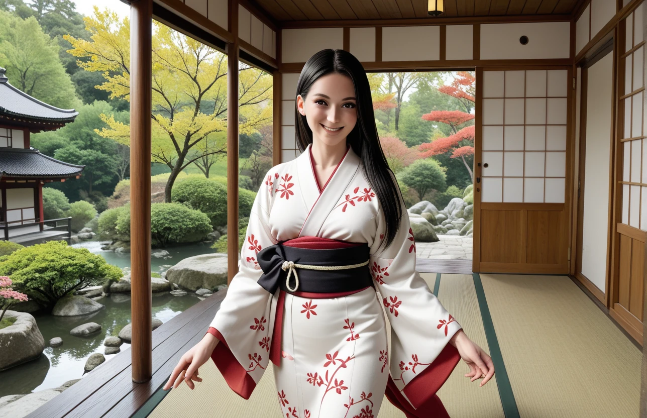 A young Japanese woman in Meiji era kimono performs a graceful dance as a miko (shrine maiden) at sunrise. She stands before open fusuma doors, soft morning light illuminating her. Her long, flowing black hair moves elegantly. The scene embodies traditional Japanese aesthetics with tatami mats visible. Her serene smile captures the essence of 'saku' (blooming/smiling). The atmosphere is calm and reverent