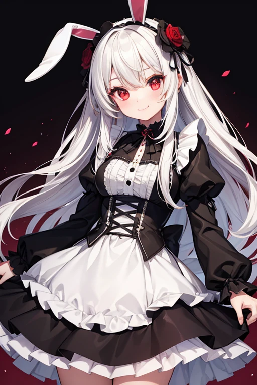  1 beautiful girl with pieces 　Shows up to the waist　 white long hair　Red eyes　 bright smile　 white and black gothic lolita clothes　Bunny ears