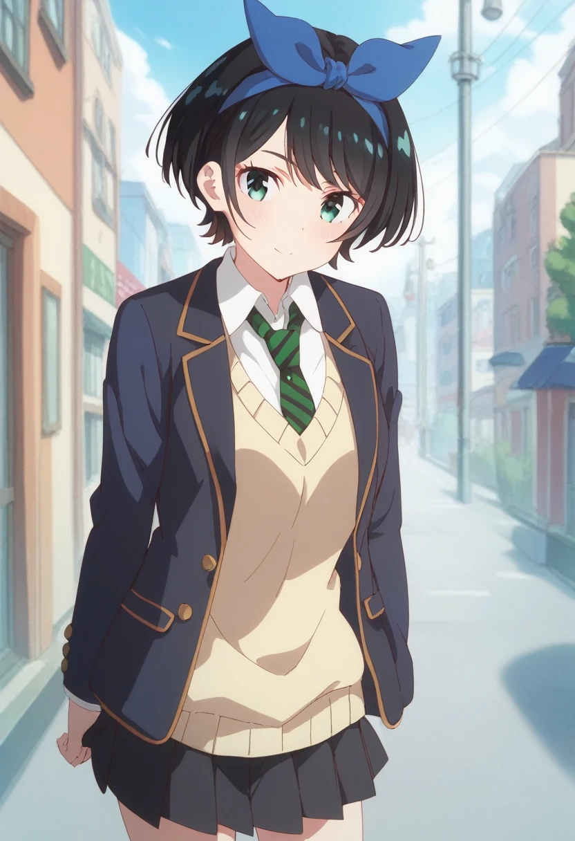 best quality, high resolution, 8k, Ruka Sarashina、 Short Hair 、bangs、 black hair、ribbon、Green Eyes、ヘアribbon、 headband、青い headband、skirt, shirt, long sleeve, uniform, jacket, white shirt, Pleated skirt, tie, stripe, black skirt, black jacket, blazer, sweater vest, striped tie, green tie