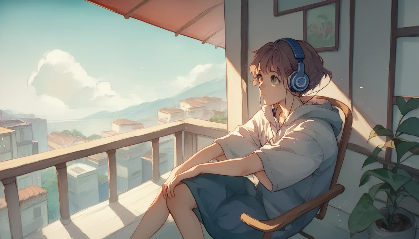 night、真night中、One person、Balcony、Girl with headphones sitting on a chair and looking up、 anime style、 watercolor style 、Monotone、Dark pale color 