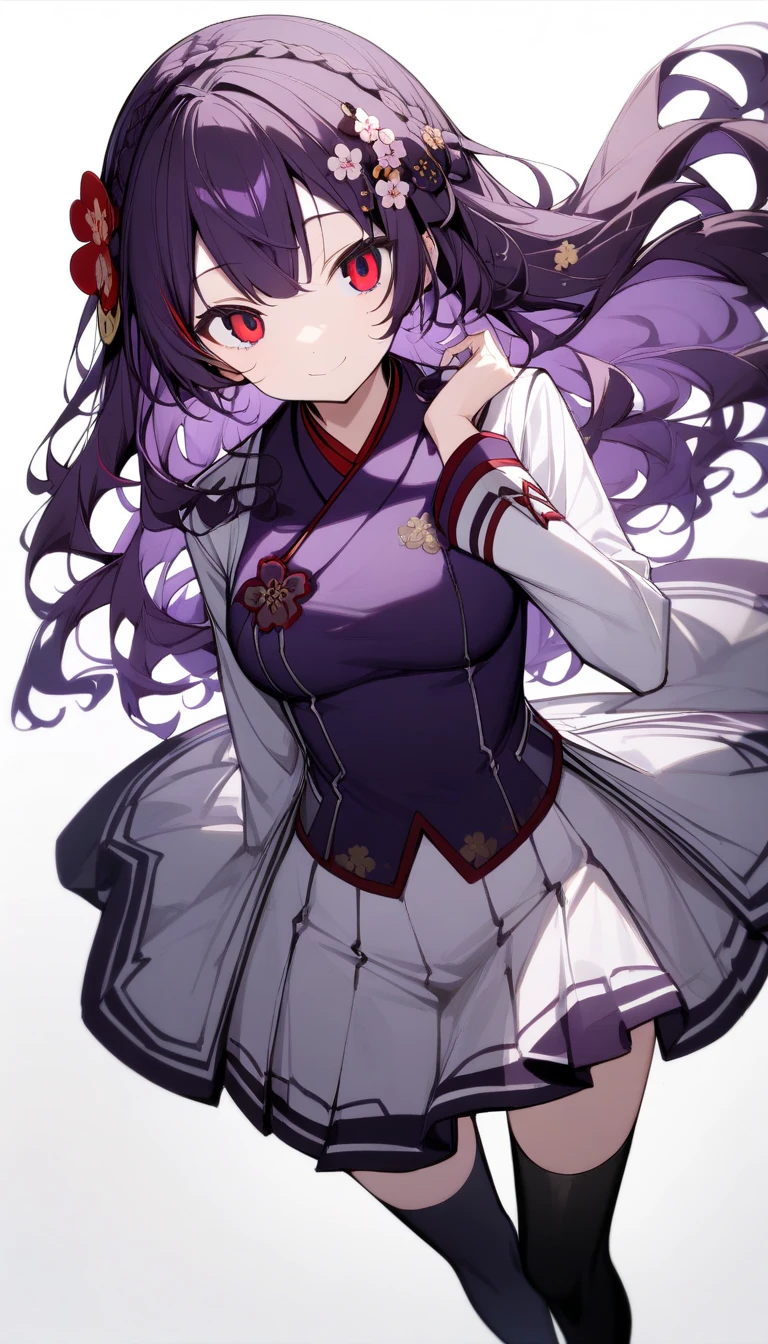 {{masterpiece}}、((White background,eye level shot、full body))、very detailed hands、 Attention to Details 、(( 1 girl))、 slender、 medium breasts、{ solo full body shot}、 Viewers' Perspective 、(smile)、((dark purple long hair 、wavy hair、Crown braid、Plum blossom hair ornament、Red eyes:1.3))、｛school uniform,White color  blazer、 red tie }、black color thigh-high socks、hand in own hair、 standing