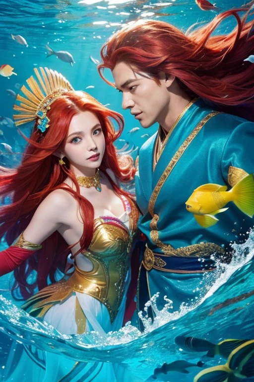 A mermaid with long blond curly hair and a handsome man with short black hair,Man holding mermaid,The two smiled,Scene seaside,sunbeams blue sky,illustration,Game Style,Light and shadow details,Delicate lines,daytime,The characters in the picture have vivid expressions,Body language is powerful,Make details richer。