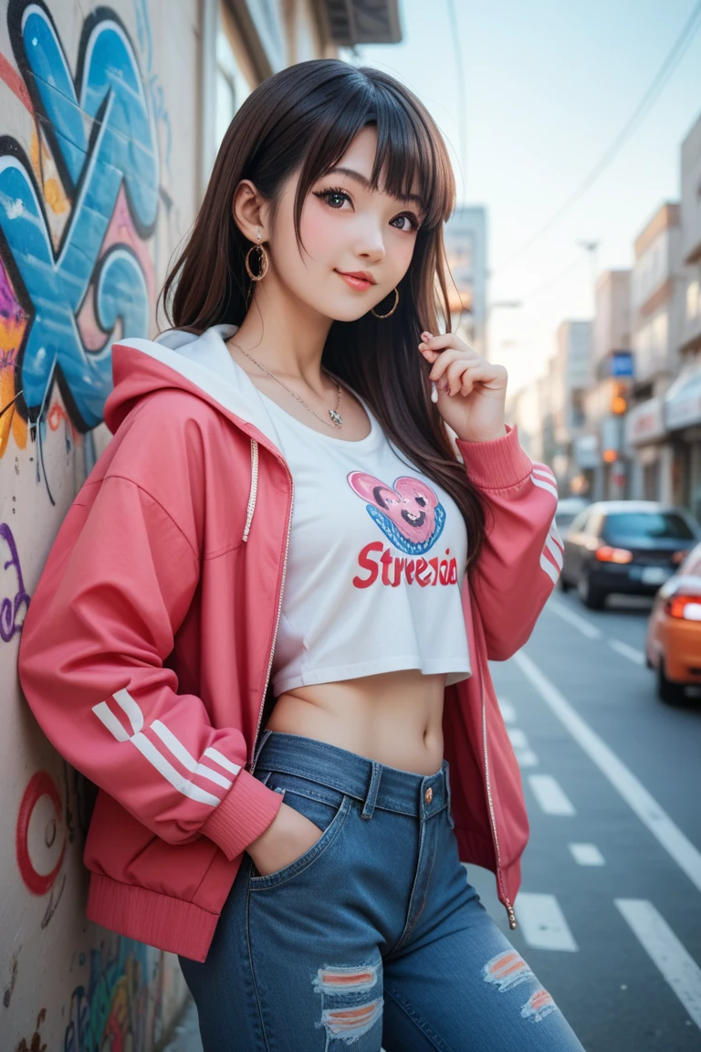 渋谷の路地裏で喧嘩寸前のSuper beautiful woman、Torn denim shorts、No bra and white tank top、Yankee jacket、Her tank top is damp with sweat., Revealing her erect nipples.、Keep your hands in your pants pockets、Serious expression、Sunburn、Extremely realistic and detailed image quality、Bust Size 40 inchMcup、Super big breasts、Tight waist、Super beautiful woman
