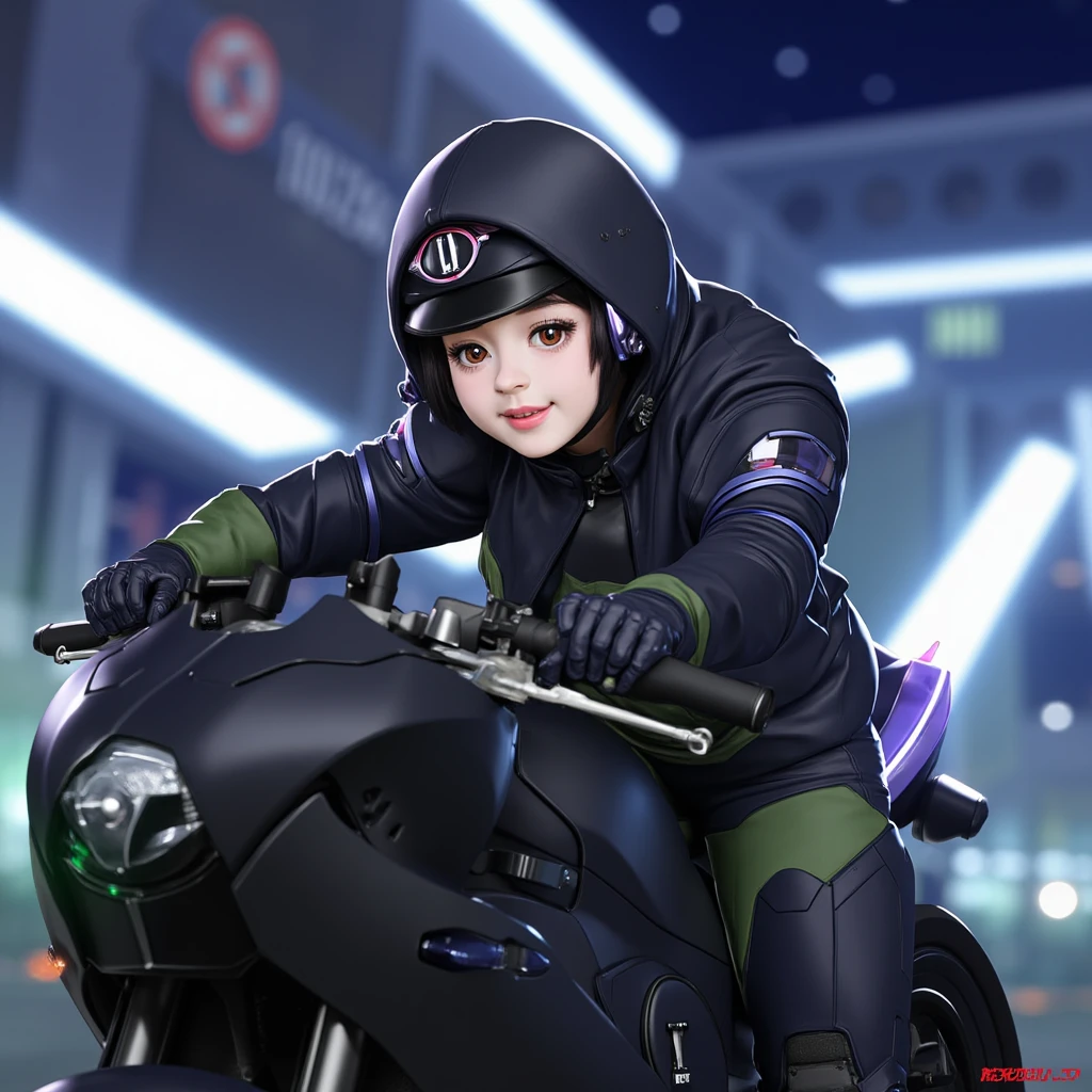 Highest image quality, outstanding details, ultra-high resolution, (realism: 1.4), the best illustration, favor details, highly condensed 1girl, with a delicate and beautiful face, dressed in a black and green mecha, wearing a mecha helmet, holding a directional controller, riding on a motorcycle, the background is a high-tech lighting scene of the future city. surreal illustration, surreal rendering, clean digital rendering, photo realistic rendering, surreal illustration