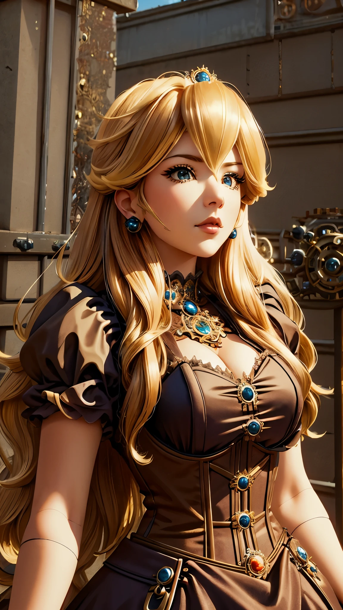a princess peach steampunk, beautiful detailed eyes, beautiful detailed lips, extremely detailed face and portrait, steampunk style, victorian fashion, ornate mechanical gears, brass and copper machinery, clockwork mechanisms, cogs and springs, airship, dirigible, fantasy landscape, cloudy sky, sunlight, volumetric lighting, cinematic lighting, intricate detail, 8k, photorealistic, hyper detailed, masterpiece,