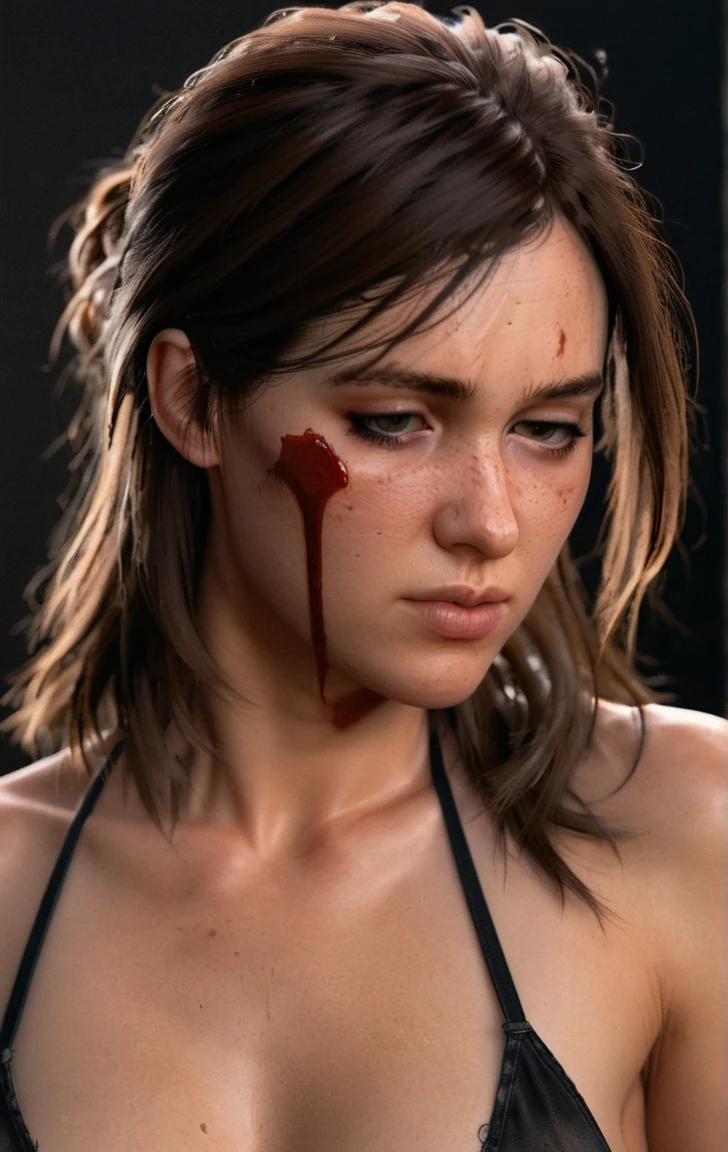 photo of ohxw, ellie, tattoo on left arm, woman, black jeans, close up, , long length hair, face details, low key lighting, blood on her face. Sexy face
Bikini