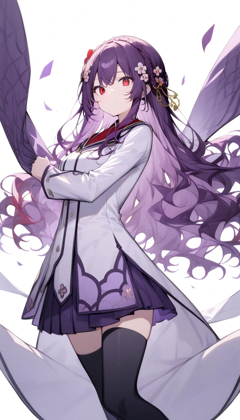 {{masterpiece}}、((White background,eye level shot、full body))、very detailed hands、 Attention to Details 、(( 1 girl))、 slender、 medium breasts、{ solo full body shot}、 Viewers' Perspective 、(smile)、((dark purple long hair 、wavy hair、Crown braid、Plum blossom hair ornament、Red eyes:1.3))、｛school uniform,White color  blazer、 red tie }、black color thigh-high socks、 standing