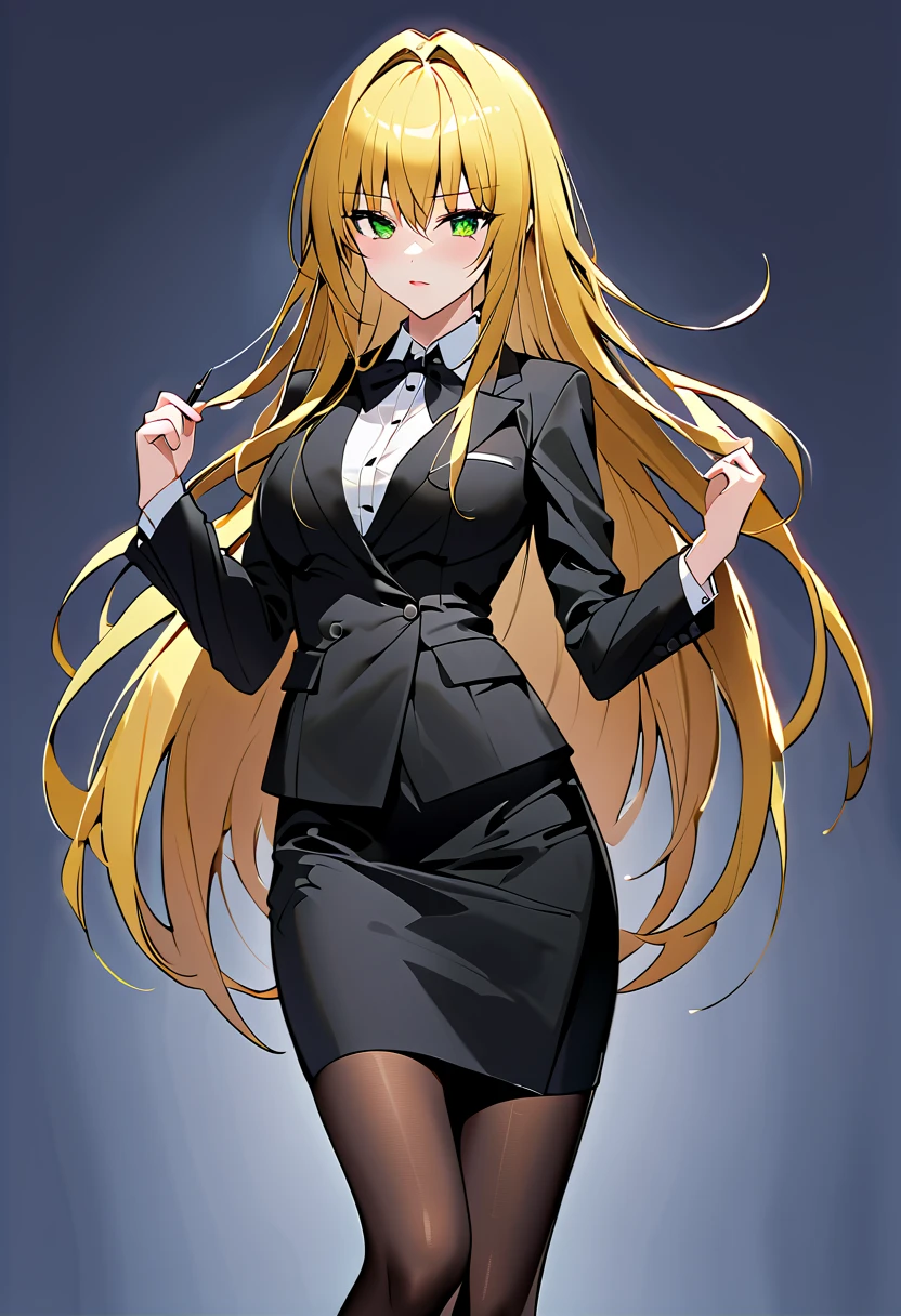 tearju moody, blonde hair, green eyes, long hair, hair intakes, bangs,  black suit、 black pencil skirt 、 black pantyhose、black strappy stiletto heels、