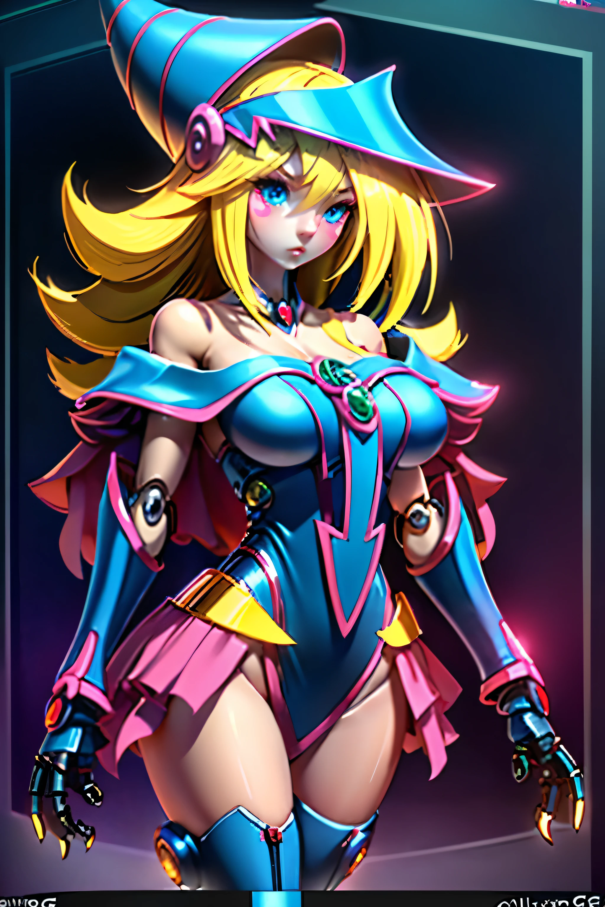 Black Wizard gils YUGIOH BEAUTIFUL BLONDE . Leech，girl bit， VOLUPTUOUS CARTOON MECHANICAL BODY，Q version，robotic arm， ray tracing ，CG，neon ligh