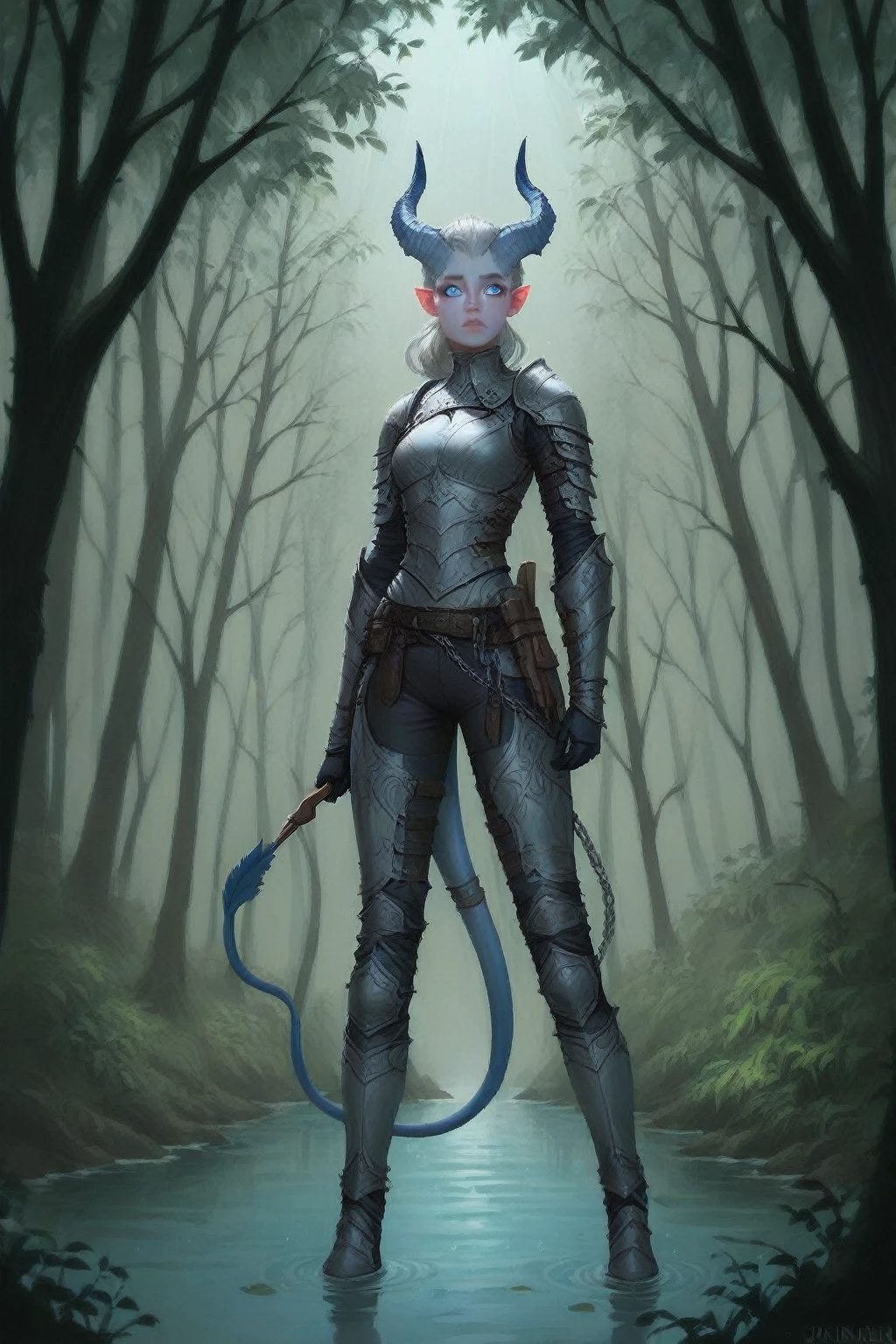  dark forest, trees. ((1Тiefling  ,  dark blue-gray leather ,    expressive face    ,   Curious    (  gray irises  , black and blue eyes ),   blue and white pupils on the shore  ) , (27 years old) , (  small thick dark gray segmented straight horns   ,  girl , [stands half-turned ],  lens looking over her shoulder ,   dark grey hair ,   small nose  , small lips, (( dark blue leather )), ( long fat dragon armored blue-grey tiefling tail with brush), ( presses his tail to his body with his hand  ), (easy ,   full-body grey leather armor , ,  Under armor ,  chain mail peeks out  ,   gray leather armor  ), dark gray trousers), One,  full length, Against the background of a dark forest,  standing in the water of a lake with clear water , blue tones (Bow in hand) ( distance The view is half a turn ,  looks from behind with its back with its back.  The camera is tilted  , view from below the ground ) )   Epic digital fantasy art style  ,   epic fantasy style  ,   very detailed artgerm artgerm artgerm artwork  , (Fantasy 4k art), anime art,   fine art  .