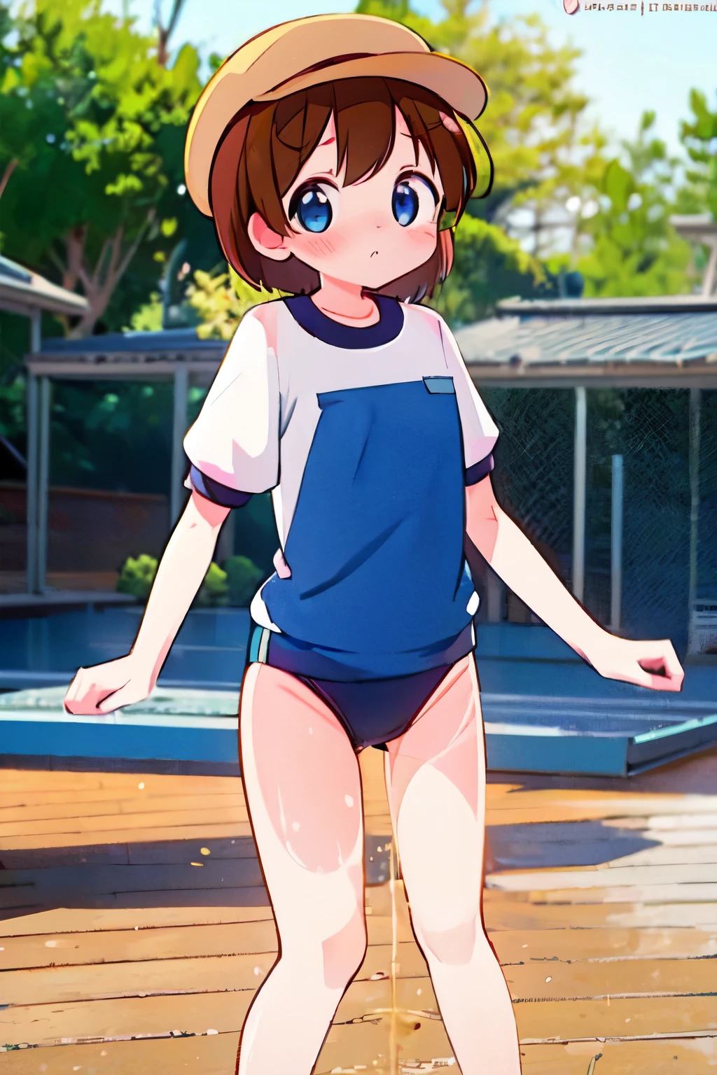 Helga Haruka,  blue eyes,  brown hair,  Short Hair , Brown Hat, Gym clothes,  1 girl , Alone, Please show the viewers 々Looking towards, blush,peeing((peeing stain, peeing self))