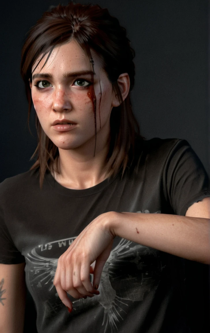 photo of ohxw, ellie, tattoo on left arm, woman, black jeans, close up, , long length hair, face details, low key lighting, blood on her face. Sexy face. She is wearing a black t-shirt. Close up