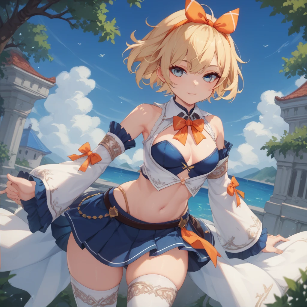 NSFW,((1man with 1woman,Having sex)), Squatting,Open legs,bared chest,show off nipple,Revealing clothes, Ugly Tingel, Blonde hair, Blue eyes, Capelet, garter strap, Green Ribbon, Hair Ornament, hair clips, Medium Hair, Red Ribbon, School uniform,Beautiful breasts, single glove, suspenders, thighs thighs thighs thighs, White shirt, white knee-socks,Whip thighs,White skirt, Smile