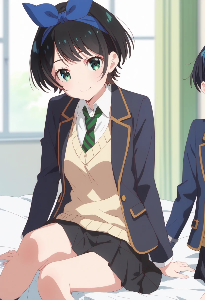 best quality, high resolution, 8k, (****), (Ruka Sarashina, short hair, bangs, black hair, ribbon, green eyes, hair ribbon, headband, blue headband, skirt, shirt, long sleeve, uniform, jacket, white shirt, Pleated skirt, tie, stripe, black skirt, black jacket, blazer, sweater vest, striped tie, green tie) happy smile, ren room, sitting on bed, knees to chest