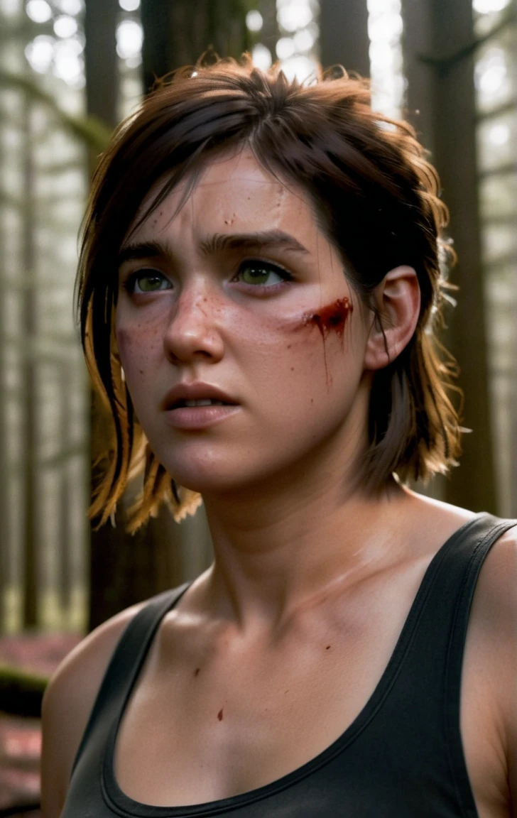 photo of ohxw, ellie, tattoo on left arm, woman, black jeans, close up, , short length hair, face details, low key lighting, blood on her face. Sexy face. Tank top black for men . Background In dark burning forest
