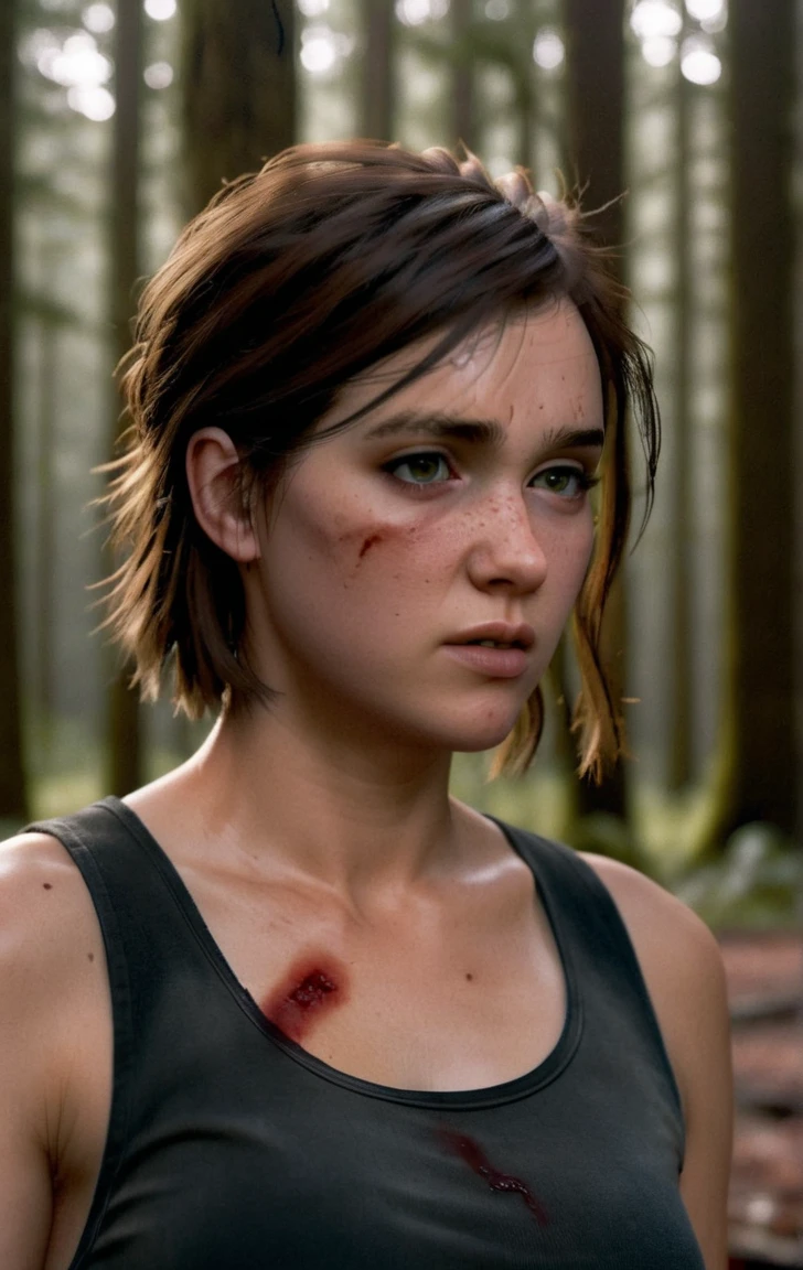 photo of ohxw, ellie, tattoo on left arm, woman, black jeans, close up, , short length hair, face details, low key lighting, blood on her face. Sexy face. Tank top black for men . Background In dark burning forest
