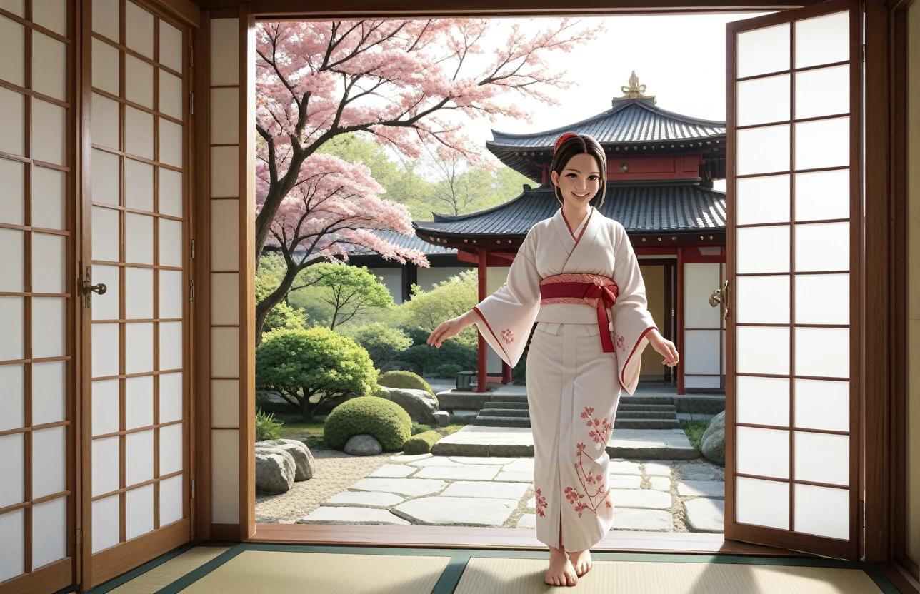 A young Japanese woman in Meiji era kimono performs a graceful dance as a miko (shrine maiden) at sunrise. She stands before open fusuma doors, soft morning light illuminating her. Her long, flowing black hair moves elegantly. The scene embodies traditional Japanese aesthetics with tatami mats visible. Her serene smile captures the essence of 'saku' (blooming/smiling). The atmosphere is calm and reverent