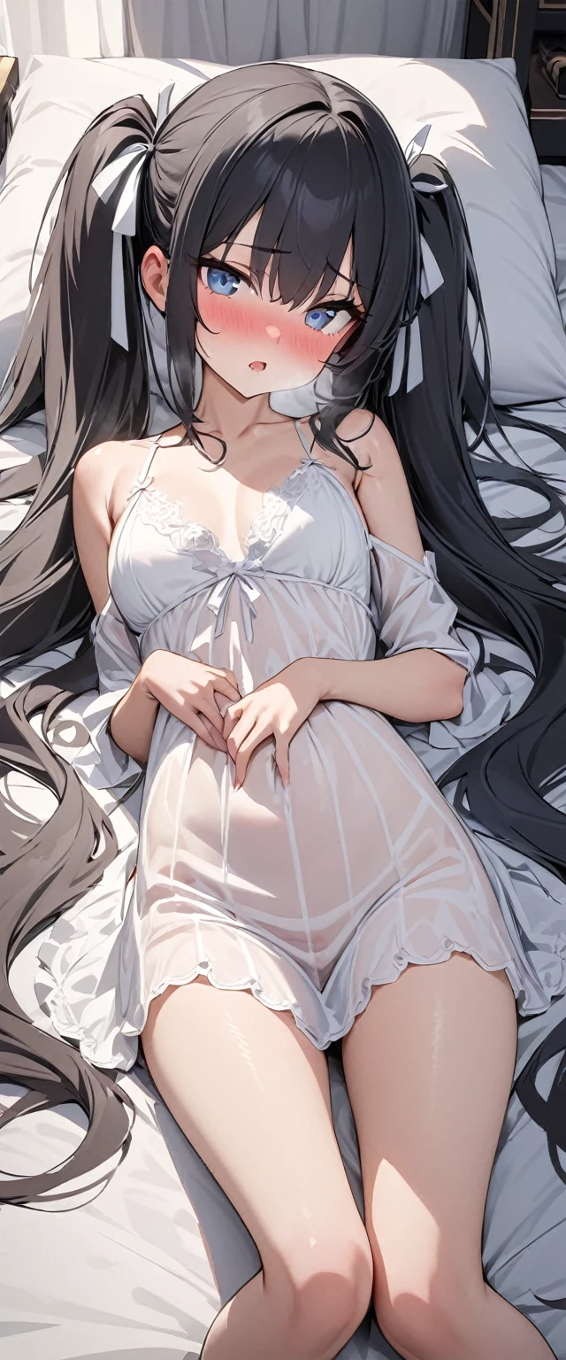  best quality, masterpiece, 超 high definition , 8k,  physical based rendering,  depth of writing,  watching viewers , slender,  in the bedroom,  detailed,  Nose Blush ,  Big Black Eyes ,  open her mouth  , Detailed clothing, (White、A beautiful nightgown with a sense of luxury with see-through lace),  no shoes  ,、(1 person,  cute young woman, , medium bust ,  black hair,  twin tails、White ribbon on head、Blue Eyes),delicate beautiful eyes , eyes are drawn in detail , high definition , masterpiece, pictures of girls , cute and beautiful face down to the last detail、Beautiful Bangs, Bangs between the eyes, very long hair,nsfw、Eros、Luxurious canopy bed 、Pushed down、Lying on your back:1.8、High angle view:1.3