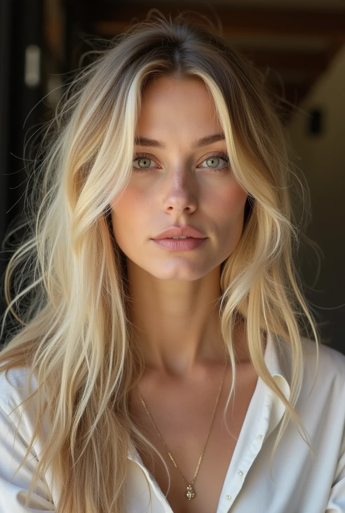 realistic, photorealistic, raw photo, 8K detailed skin, natural skin texture, realistic skin texture, picture-perfect face, film grain, HDR, high quality shadow, perfect ???????, perfect symmetry:1.2, perfect face, happy, confident, soft lighting, depth of field, bokeh, ultra-high resolution, cinematic lighting, sharp focus, realistic hair strands, subtle facial expressions, vibrant colors,photo in the gym, a super realistic girl, Long blonde hair, large and pronounced bust, green eyes, Great cleavage, working out