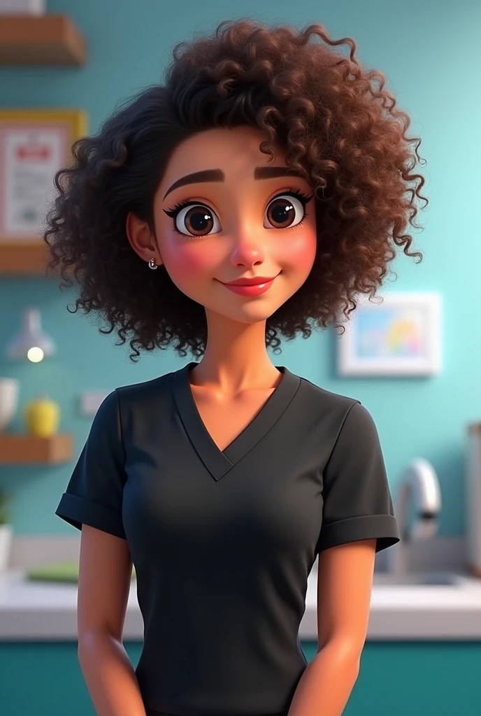 Poster Pixar Disney Woman is an occupational therapist with curly hair ,  black eyes and a small dark blond nose dressed in a black surgical uniform 