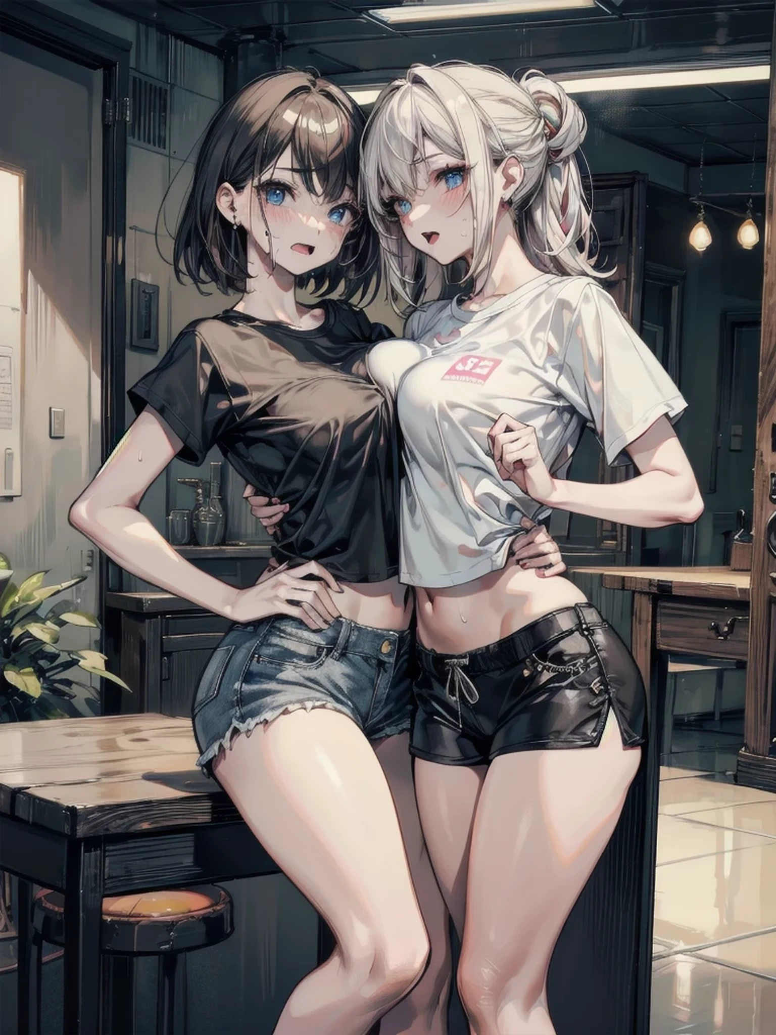 Mother and daughter, shade of yellow eyes, wearing white t-shirt, and pulled down showing red underwear to viewer, denim shorts, city, showing nipples, shy, blushing, nsfw, touching , spread legs
