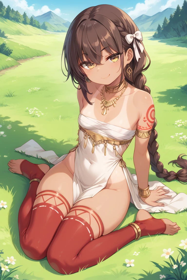 A girl, smug look,  brown hair ,  disheveled hair with a lot of hair with long bangs with a braid behind,  golden eyes ,  tanned skin,  with tribal tattoos on the body, sitting on the grass floor ,  small breasts , slim,  thick thighs , wearing a dress with a lot of ribbons , with bandages that cover her torso , with long stockings, barefoot 