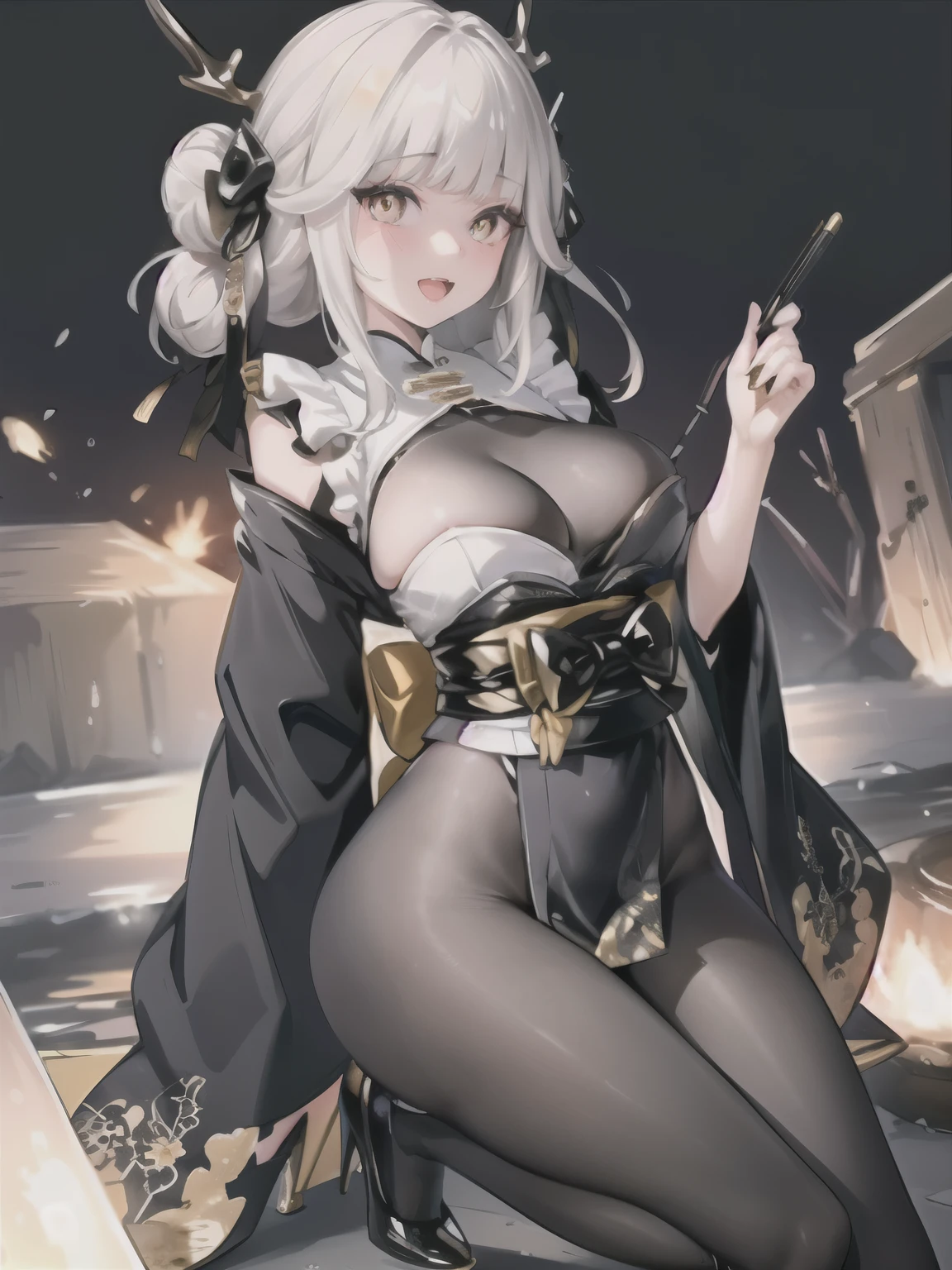 (extremely detailed CG, best quality:1.1), 1girl, perfect face, bright pupils, (finely detailed beautiful eyes:1.1), shiny skin, lustrous skin, wide hips, narrow waist, double bun, yellow eye, horns, antlers, hair ornament, japanese clothes, black kimono, black high heels, pantyhose, black bodystocking, bow, elbow gloves, :d 