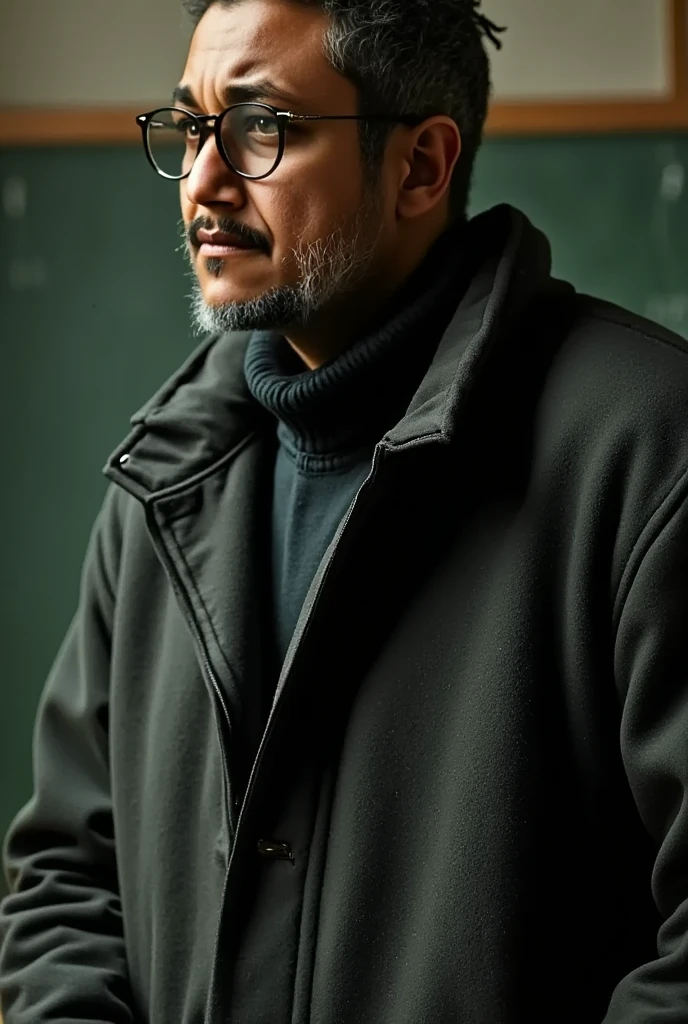 a professor of history lecturing,detailed portrait,close-up shot,serious expression,glasses,tweed jacket,chalk in hand,blackboard behind,university classroom setting,natural lighting,photorealistic,highly detailed,vivid colors,cinematic composition,award-winning photography style